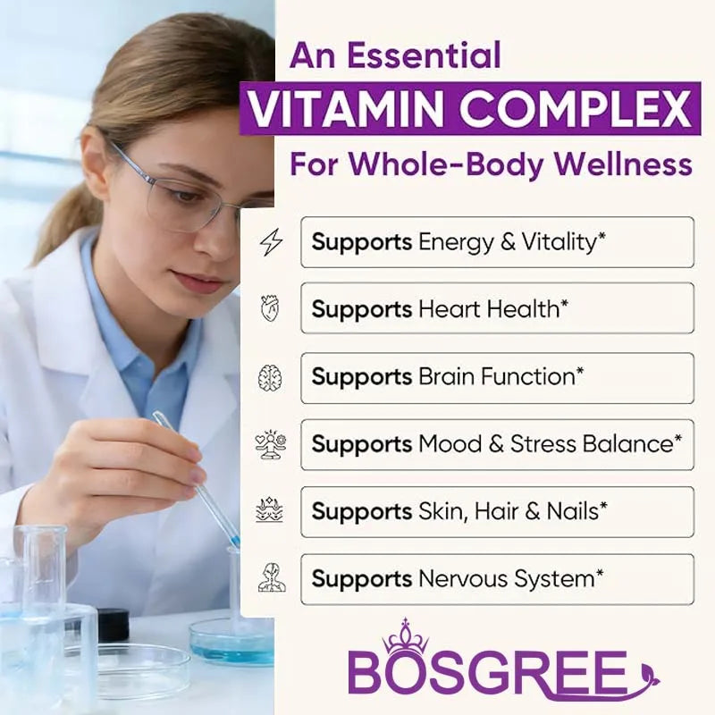 Vitamin B Complex Supplement, Vitamins B1,B2,B3,B5,B6,B9,B12,B16-Vitamin C,Inositol,Immune&Energy Metabolism,Brain&Heart Support