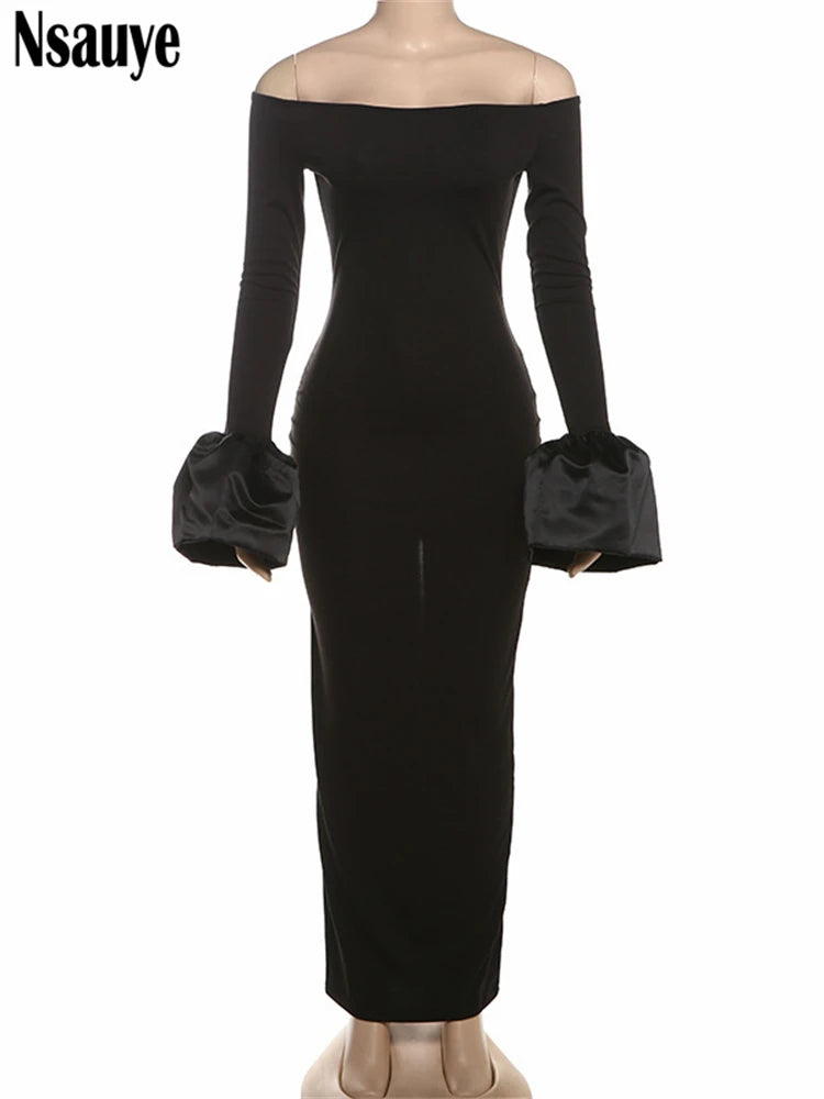 Nsauye Elegant Party Dress For Women Vintage Bud Long Sleeve Sexy Evening Fashion Wrap Night Club Black Dress Off Shoulder 2024