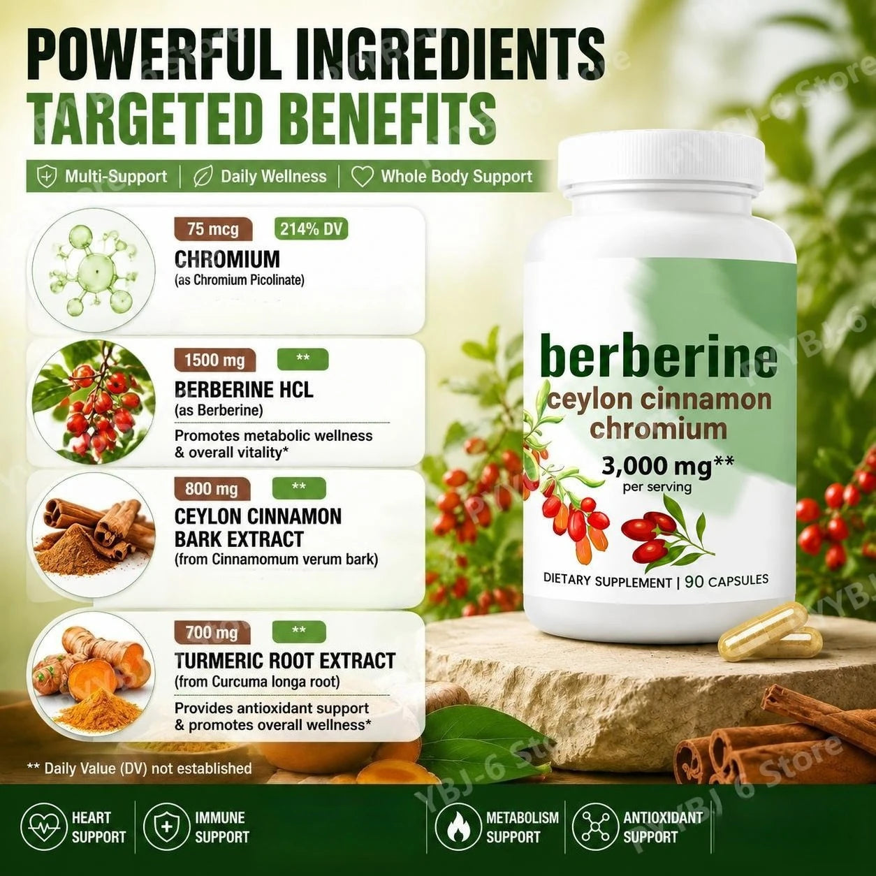 Berberine Ceylon Cinnamon Chromium Capsules 3000mg, Turmeric Blend Daily Metabolism & Wellness Support Supplement 90 Capsules