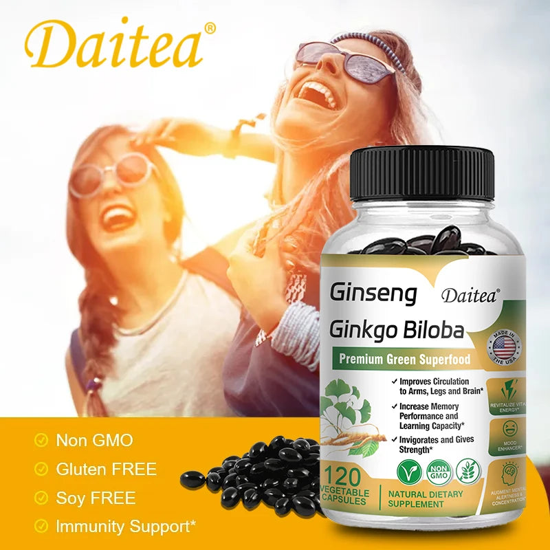Ginseng + Ginkgo Biloba Capsules - Premium Non-GMO/Vegan Superfood - Traditional Energy Booster and Mood Soother