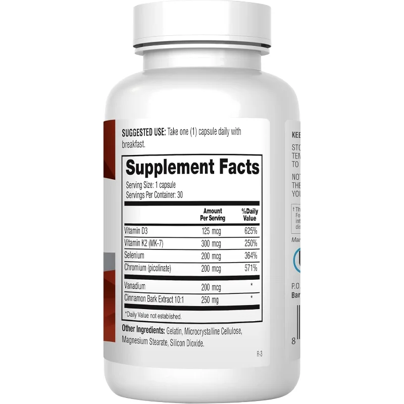 Cinnamon Bark Extract, Chromium Picolinate, and Vanadium Supplement, Supports Metabolic and Cardiovascular Health, 30 Capsules
