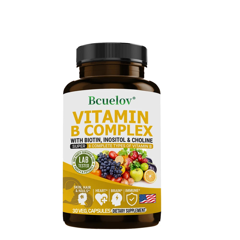 Complexe de vitamines B - B1, B2, B3, B5, B6, B7, B9, B12, biotine, choline, niacine - cerveau, peau, cheveux, système nerveux, immunité, métabolisme