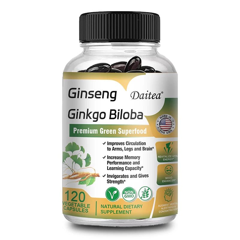 Ginseng + Ginkgo Biloba Capsules - Premium Non-GMO/Vegan Superfood - Traditional Energy Booster and Mood Soother