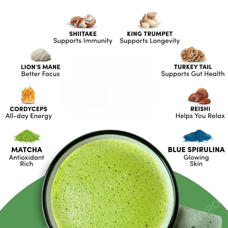 Complément biologique de champignons et matcha avec ganoderma lucidum et crinière de lion, 180 g de nutriments naturels