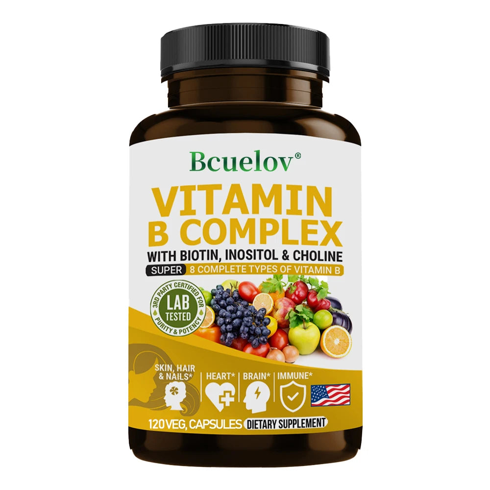 Complexe de vitamines B - B1, B2, B3, B5, B6, B7, B9, B12, biotine, choline, niacine - cerveau, peau, cheveux, système nerveux, immunité, métabolisme