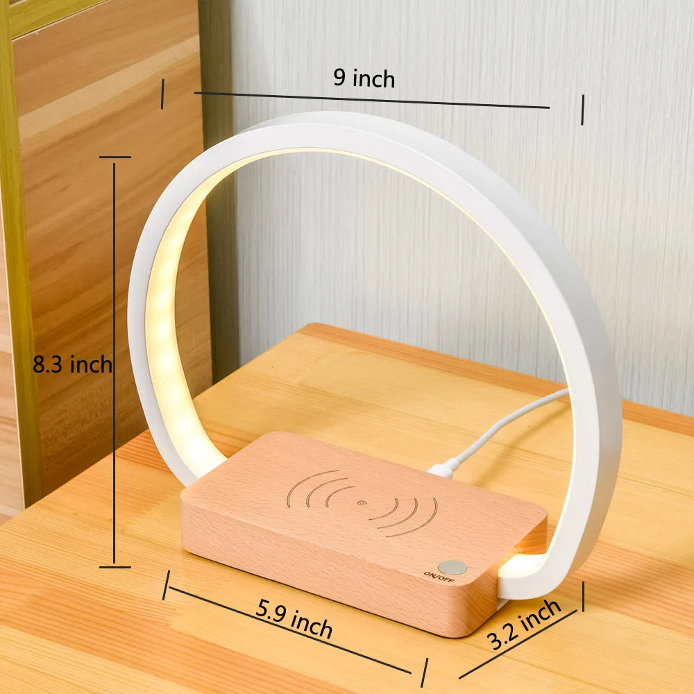 Retro LED Ring Table Lamp Touch Dimmable Warm Light Bedroom Decor Reading Desk Light Wireless Charging Bedside Table Lamp