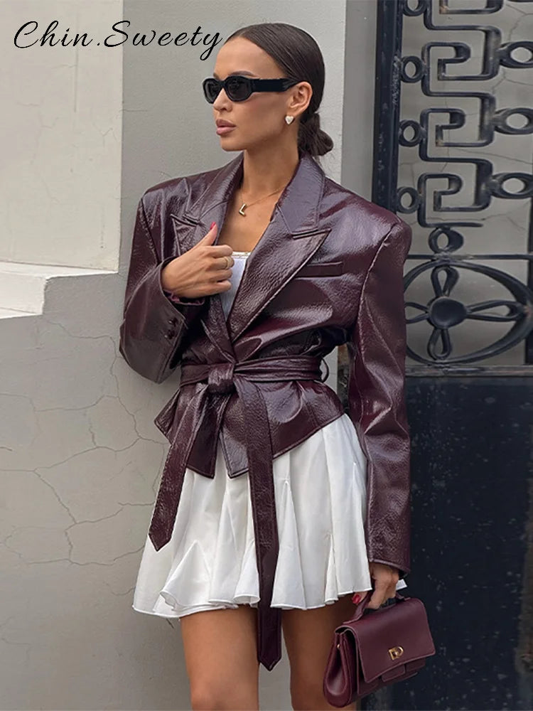 Vintage Lace Up Slim Leather Jacket Women Solid Lapel Full Sleeve Chic Motorcycle Jackets 2025 Autumn Lady All-match Y2K Outwear