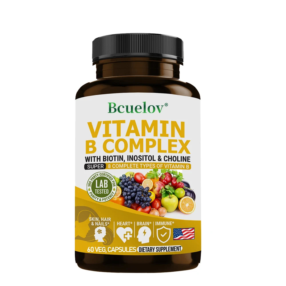 Complexe de vitamines B - B1, B2, B3, B5, B6, B7, B9, B12, biotine, choline, niacine - cerveau, peau, cheveux, système nerveux, immunité, métabolisme