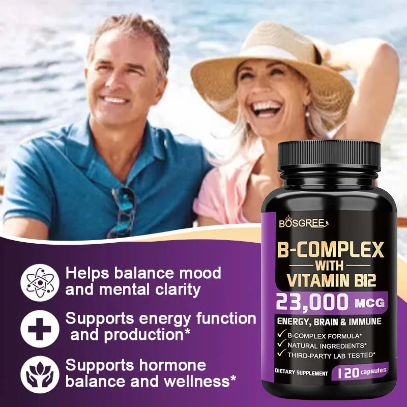 Vitamin B Complex Supplement, Vitamins B1,B2,B3,B5,B6,B9,B12,B16-Vitamin C,Inositol,Immune&Energy Metabolism,Brain&Heart Support
