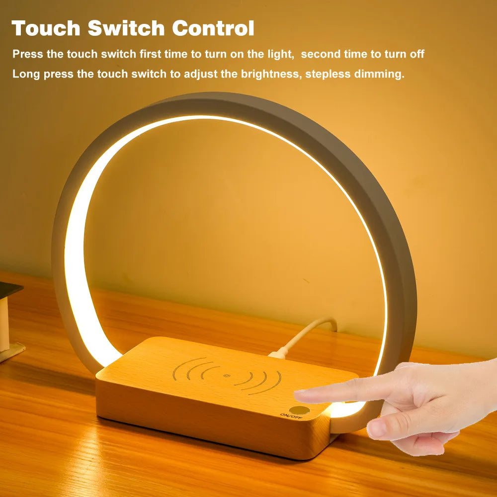 Retro LED Ring Table Lamp Touch Dimmable Warm Light Bedroom Decor Reading Desk Light Wireless Charging Bedside Table Lamp