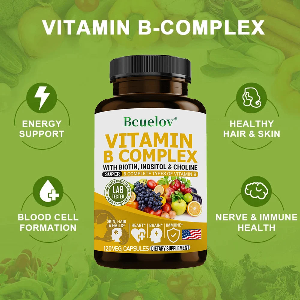 Complexe de vitamines B - B1, B2, B3, B5, B6, B7, B9, B12, biotine, choline, niacine - cerveau, peau, cheveux, système nerveux, immunité, métabolisme