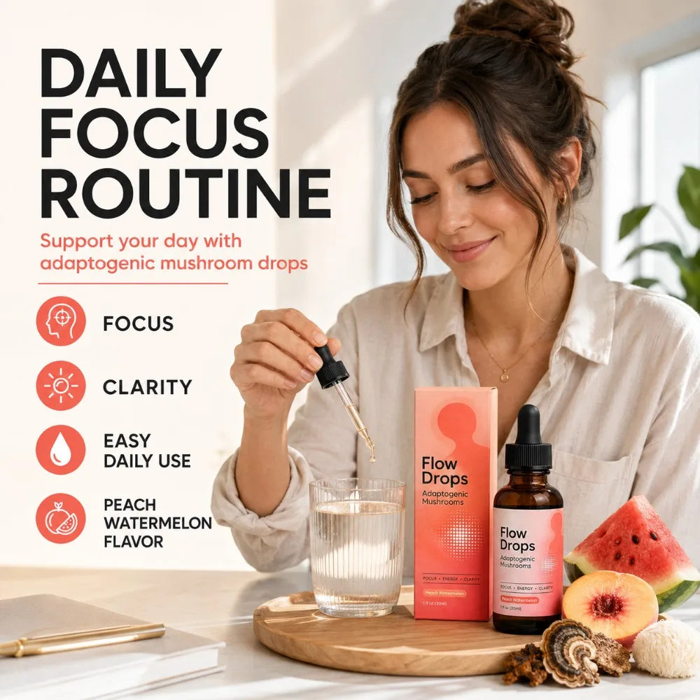 Mushroom Supplement Drops 30ml, Lion's Mane Cordyceps Reishi Chaga Turkey Tail, Energy & Focus Support, Peach Watermelon, Adults