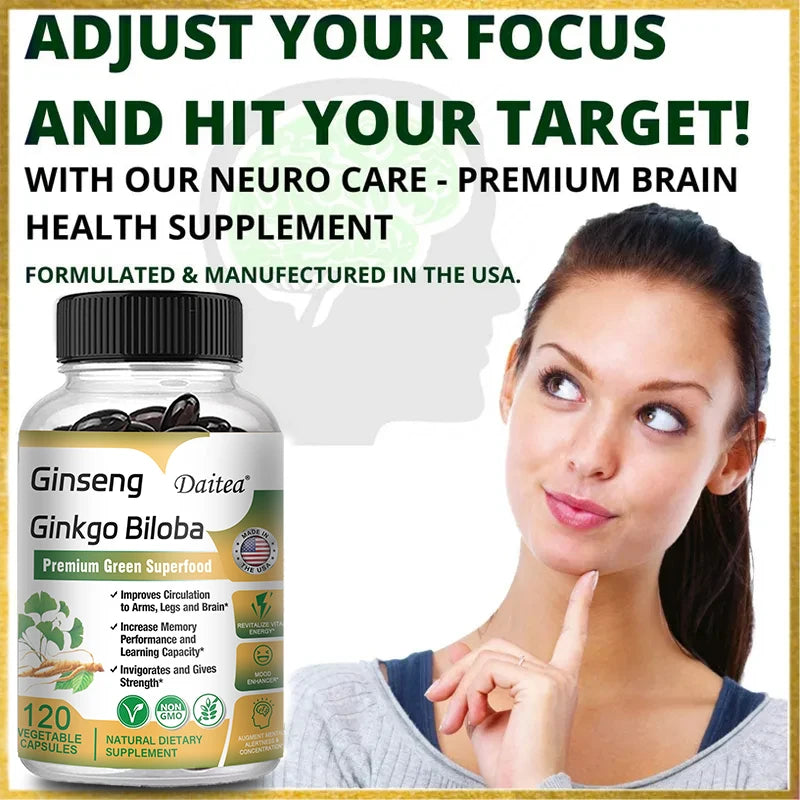 Ginseng + Ginkgo Biloba Capsules - Premium Non-GMO/Vegan Superfood - Traditional Energy Booster and Mood Soother