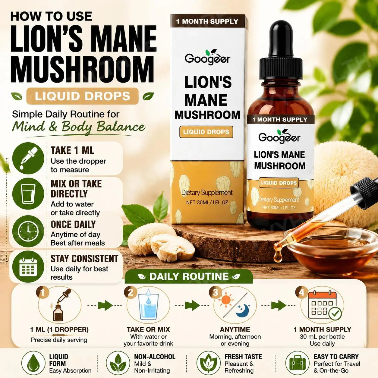 Lion's Mane Mushroom Liquid Drops 30ml Vegan Non-GMO Natural Extract Herbal Supplement Daily Wellness Support Dropper Bottle