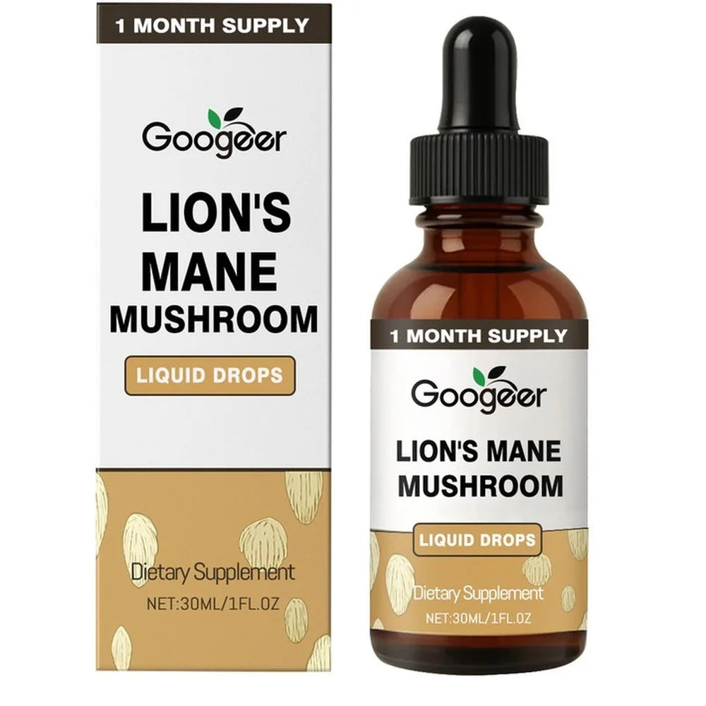 Lion's Mane Mushroom Liquid Drops 30ml Vegan Non-GMO Natural Extract Herbal Supplement Daily Wellness Support Dropper Bottle