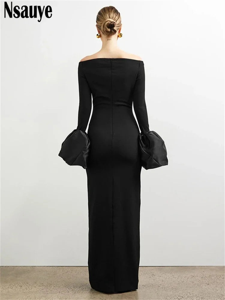 Nsauye Elegant Party Dress For Women Vintage Bud Long Sleeve Sexy Evening Fashion Wrap Night Club Black Dress Off Shoulder 2024
