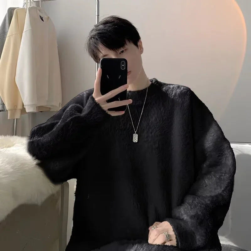Autumn Men's Solid Fluffy Knitted Sweaters New Korean Fashion Loose Warm Pullovers Winter Couples Y2K Vintage Knitwear Jumpers