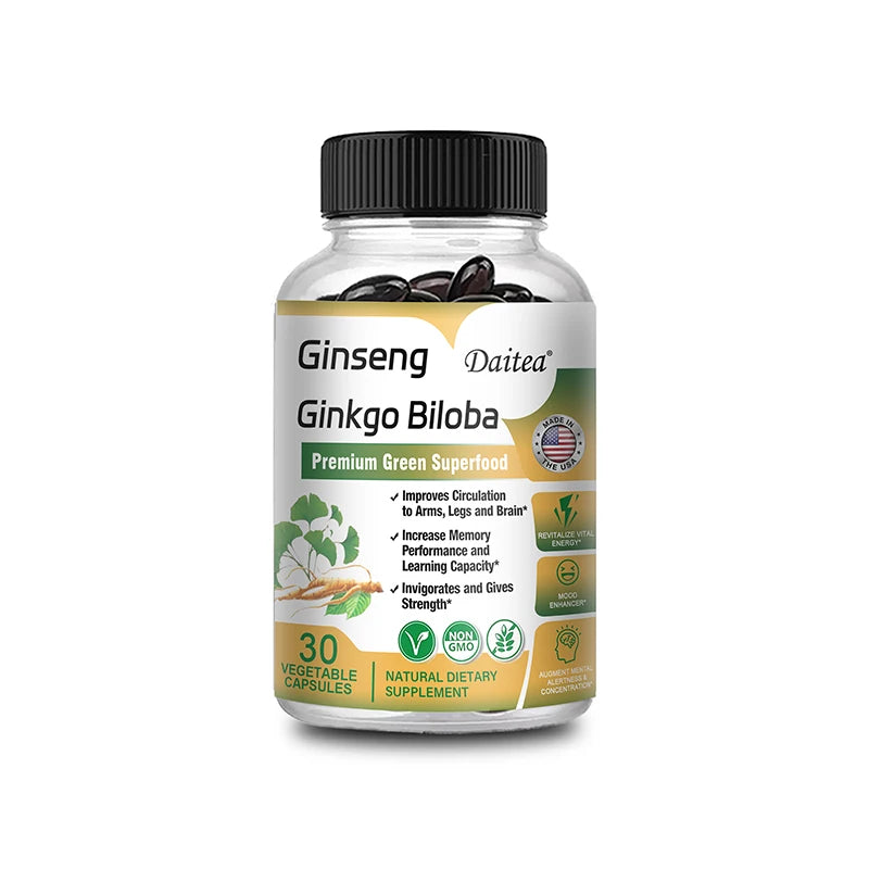 Ginseng + Ginkgo Biloba Capsules - Premium Non-GMO/Vegan Superfood - Traditional Energy Booster and Mood Soother
