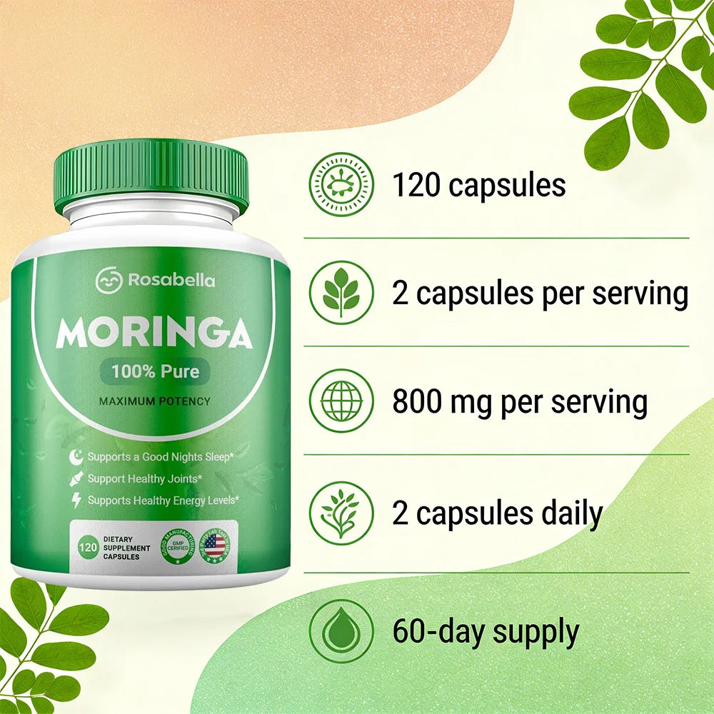 Moringa Capsules - Pure Moringa Powder, Energy, Skin, Immune & Gut Health, Natural Green Superfood Supplement - 60 Count