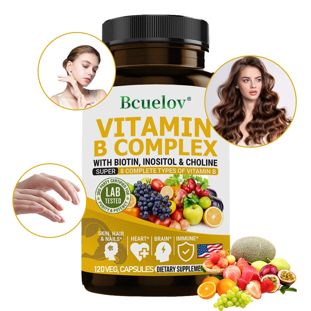 Complexe de vitamines B - B1, B2, B3, B5, B6, B7, B9, B12, biotine, choline, niacine - cerveau, peau, cheveux, système nerveux, immunité, métabolisme