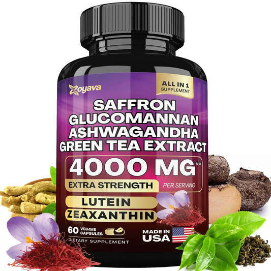 Safran Nahrungsergänzungsmittel 1000 mg, Glucomannan, Ashwagandha, Grüntee-Extrakt, Stimmungsstabilisator, Sehkraftunterstützung, 60 Kapseln