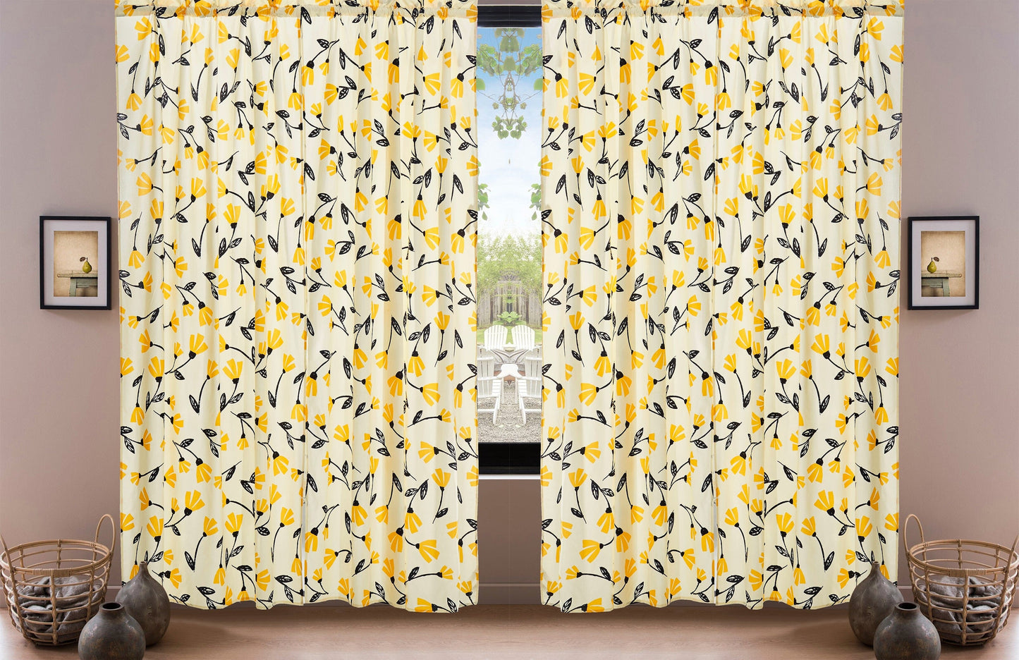 DaDa Bedding Set of 2 Botanical Floral Window Curtain Panels - Natural Semi Sheer Yellow Fleur Golden Orange Spring Time Tulips Straight Tailored Edge