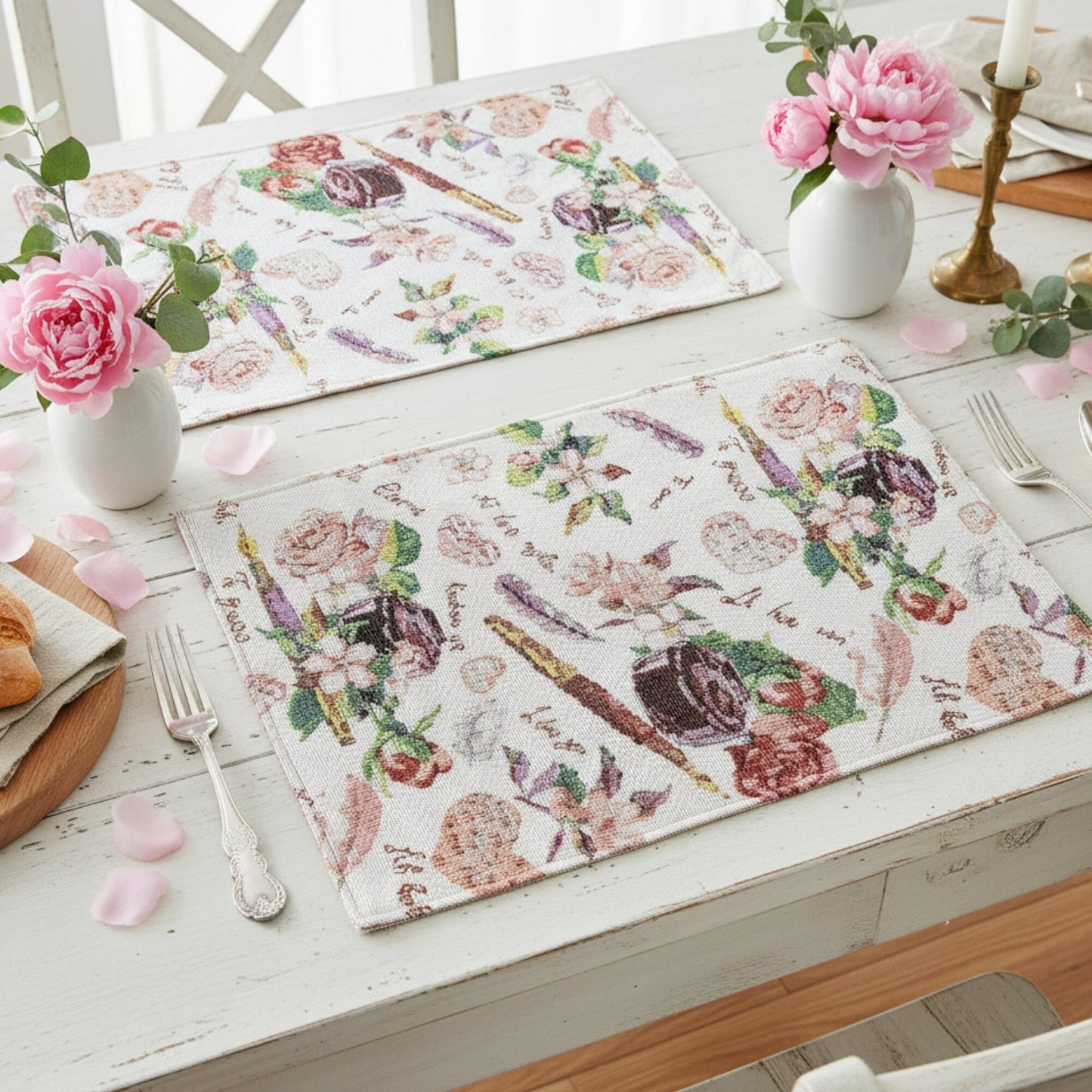 DaDa Bedding Set of 4-Pieces Sweet Love Notes Pink Floral Tapestry Dining Table Placemats 13” x 19”