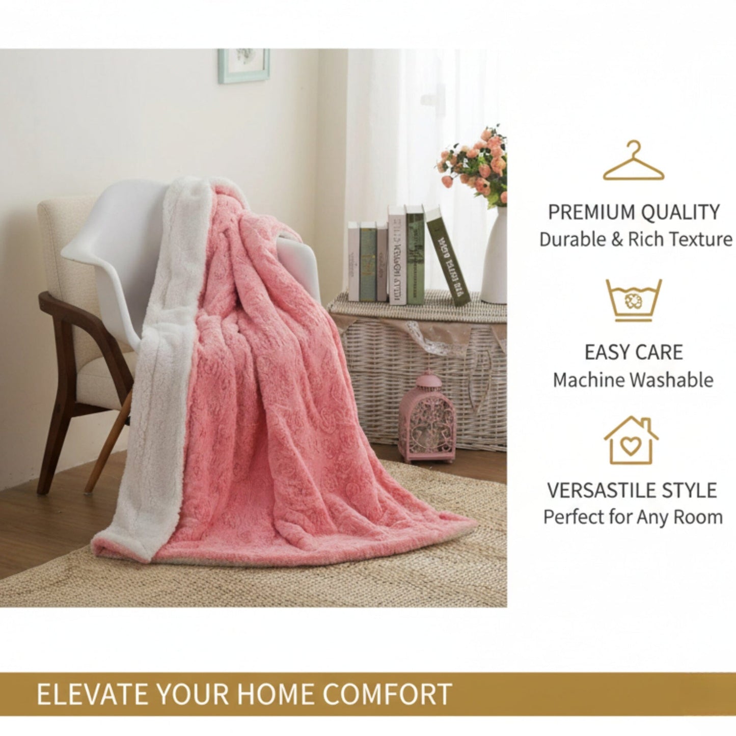 DaDa Bedding Luxury Blossom Pink Rose Buds Pink Sherpa Backside Faux Fur Throw Blanket (BL-171752)