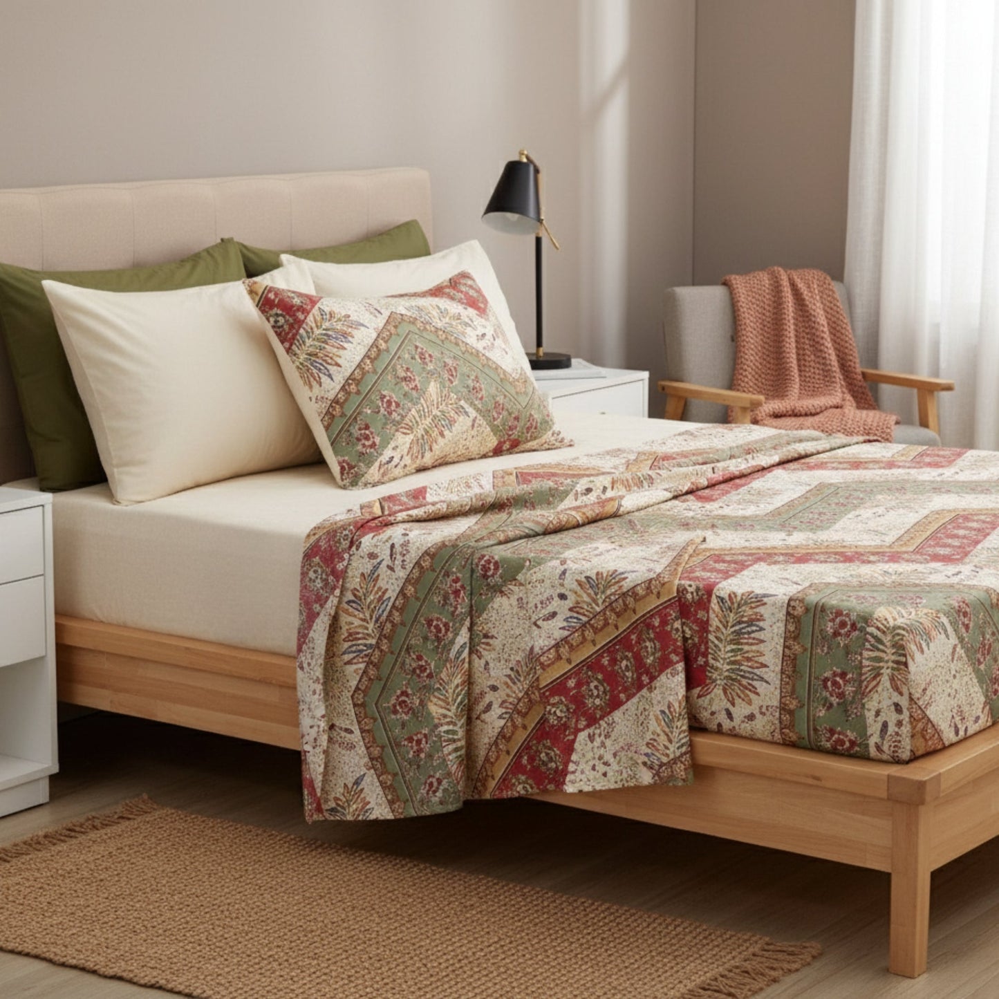 DaDa Bedding Botanical Cranberry Sage Chevron Floral Flat Bed Sheet w/ Pillowcases (JHW-924-Flat)