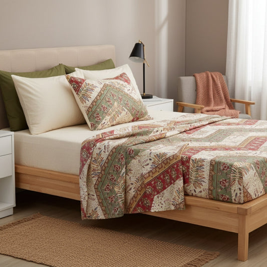 DaDa Bedding Botanical Cranberry Sage Chevron Floral Flat Bed Sheet w/ Pillowcases (JHW-924-Flat)