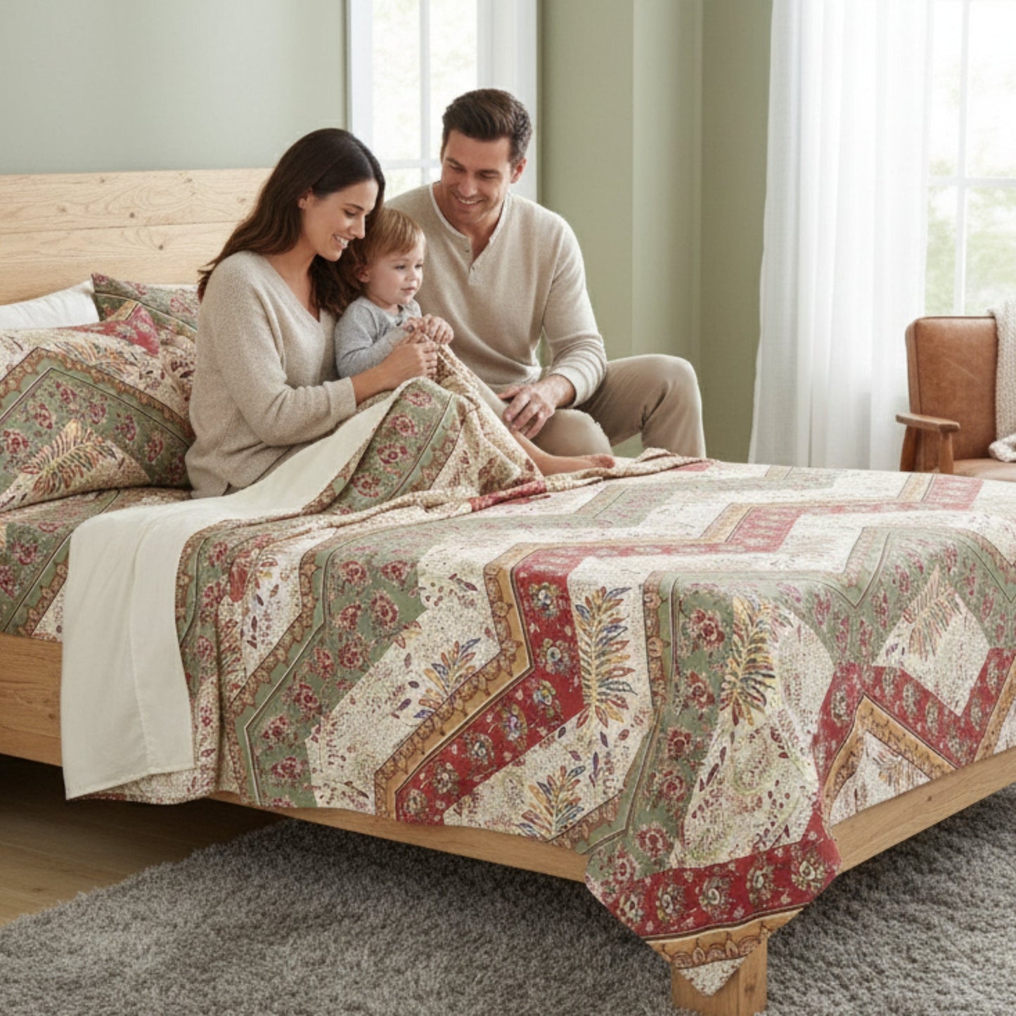 DaDa Bedding Botanical Cranberry Sage Chevron Floral Flat Bed Sheet w/ Pillowcases (JHW-924-Flat)