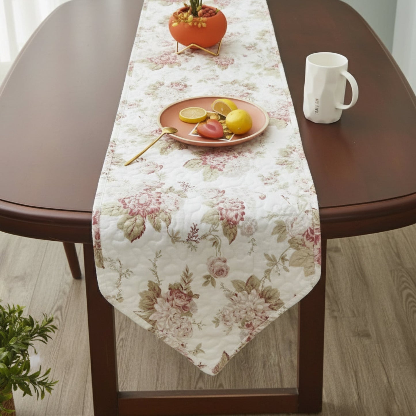 DaDa Bedding Hint of Mint Cottage Floral Roses Quilted Cotton Dining Table Runner (3036)