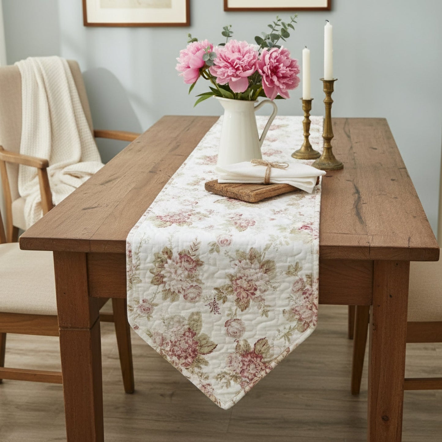 DaDa Bedding Hint of Mint Cottage Floral Roses Quilted Cotton Dining Table Runner (3036)