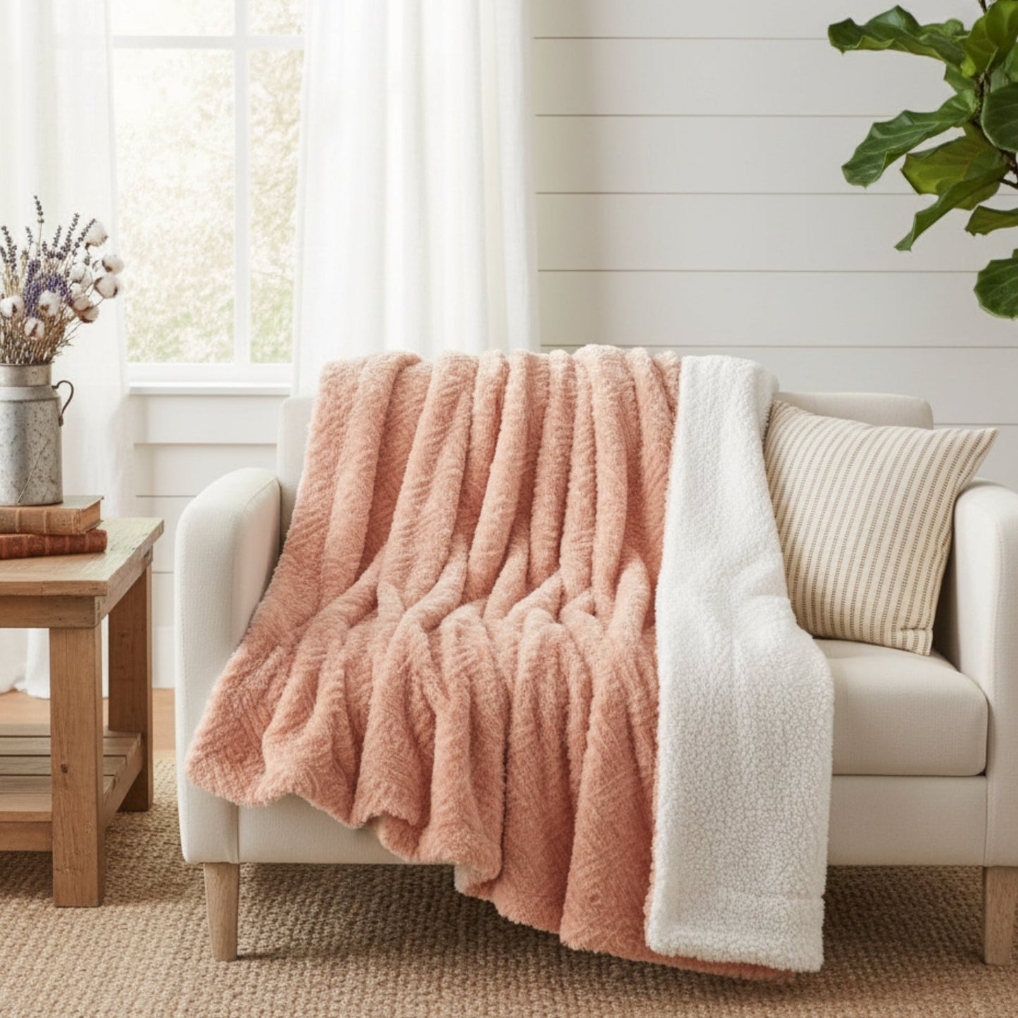DaDa Bedding Coral Peach Rose Faux Fur Throw Blanket - Dreamy Geometric Embossed Sherpa Backside - Super Soft Warm Cozy Plush Fluffy