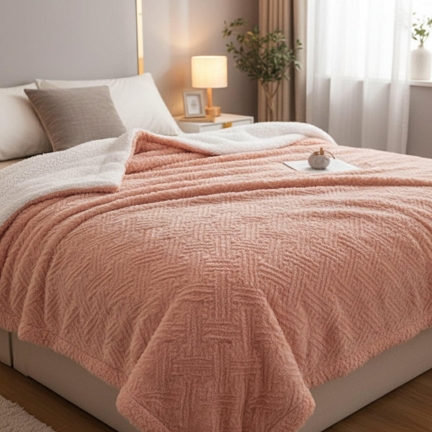 DaDa Bedding Coral Peach Rose Faux Fur Throw Blanket - Dreamy Geometric Embossed Sherpa Backside - Super Soft Warm Cozy Plush Fluffy