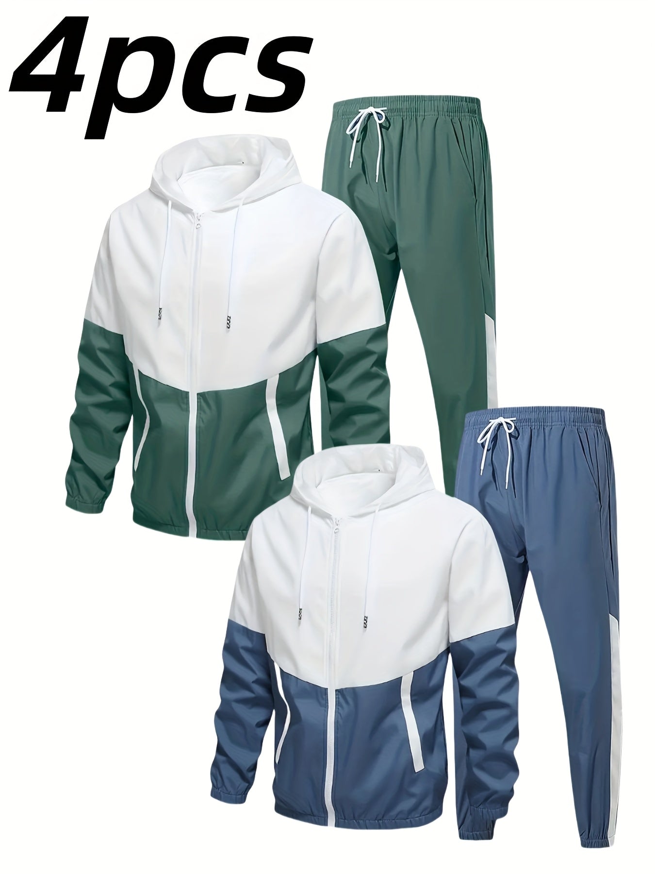 4pcs Set, New Men'S Hooded Casual Sports Suit - Versatile 2pcss Long-sleeved Jacket + 2pcss Breathable And Comfortable Drawstring Stretch Pants, Machine Washable - Ideal For Spring And Autumn, Outdoor, And Travel