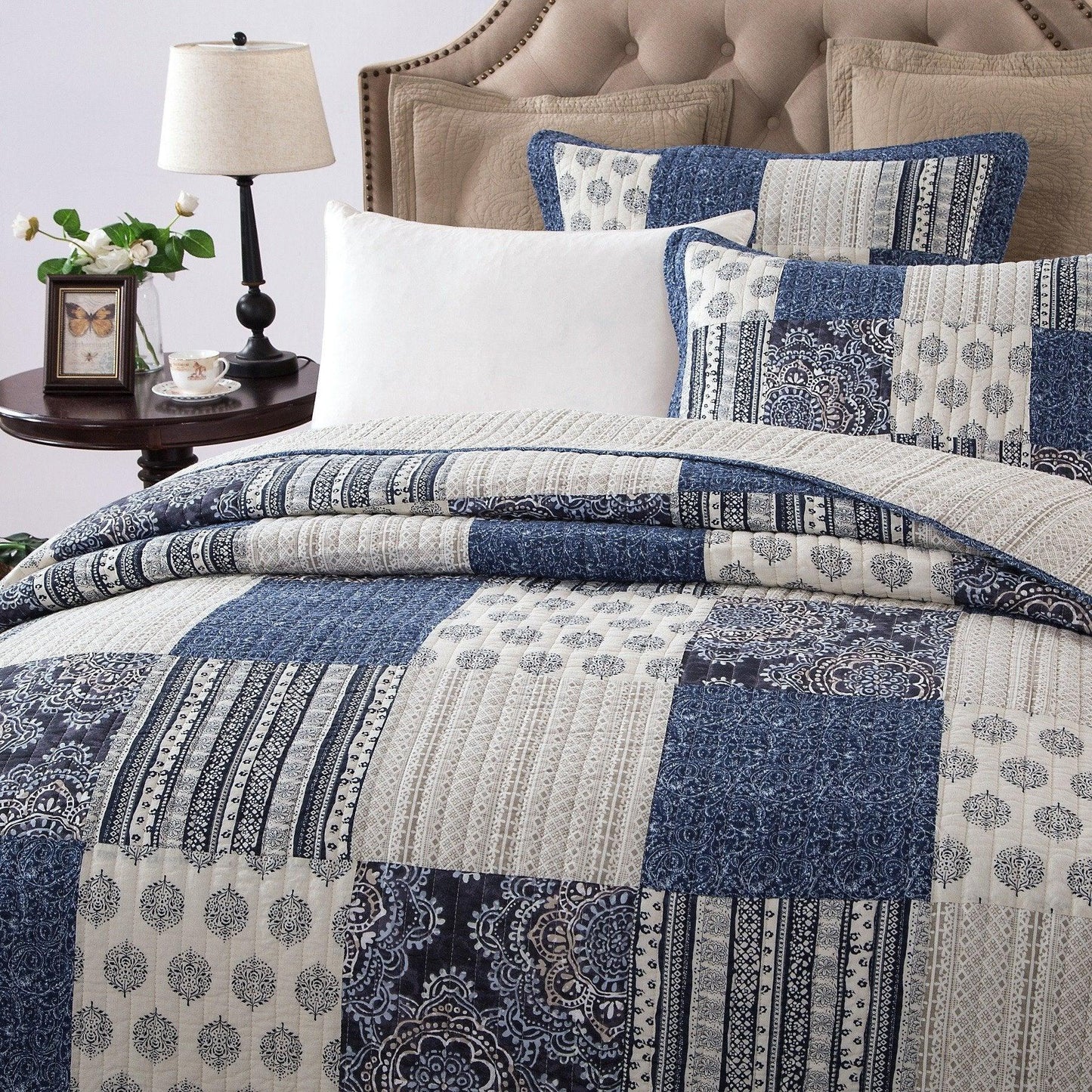 DaDa Bedding Bohemian Denim Blue Elegance Patchwork Cotton Bedspread Set (JHW-660)