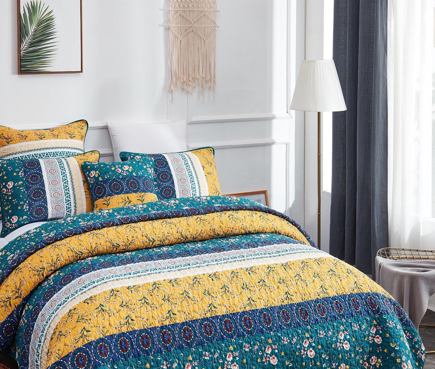 DaDa Bedding Bohemian Patchwork Bed of Wild Flowers Floral Gardenia Green Bedspread Set (JHW-886)