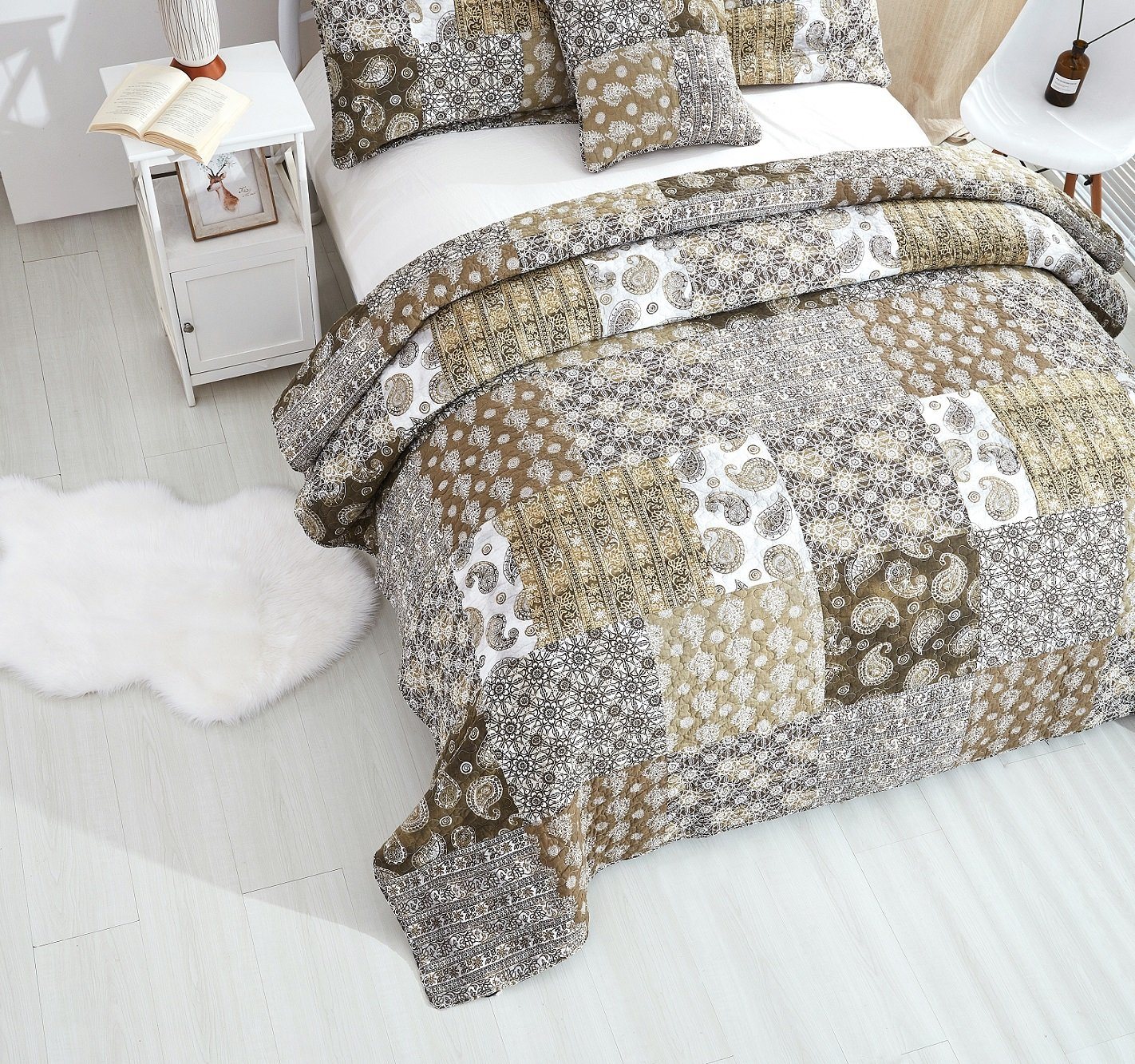 DaDa Bedding Bohemian Olive Brown Moroccan Paisley Floral Filigree Patchwork Cotton Bedspread Set (JHW-885)