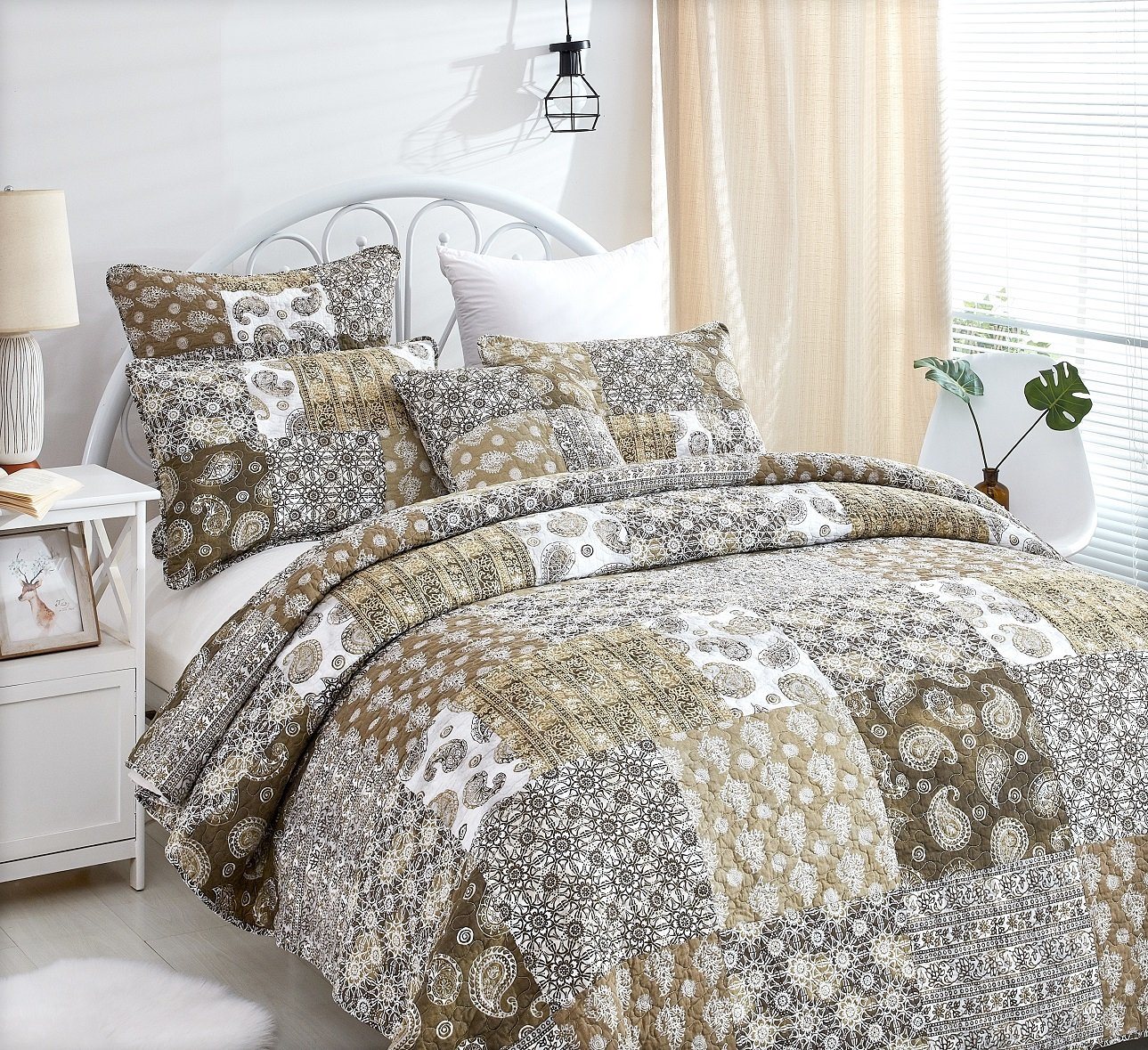 DaDa Bedding Bohemian Olive Brown Moroccan Paisley Floral Filigree Patchwork Cotton Bedspread Set (JHW-885)