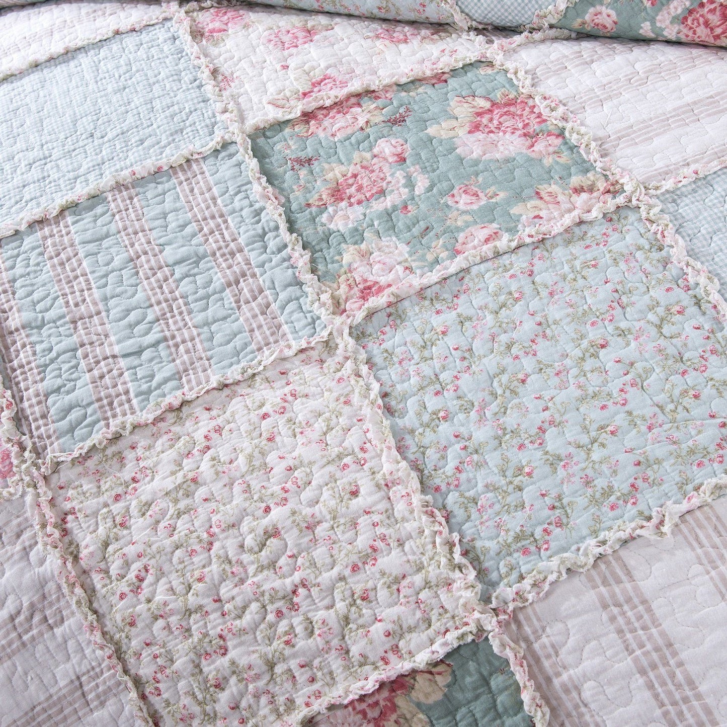 DaDa Bedding Hint of Mint Floral Pastel Cotton Patchwork Ruffle Bedspread Set (JHW-3036)