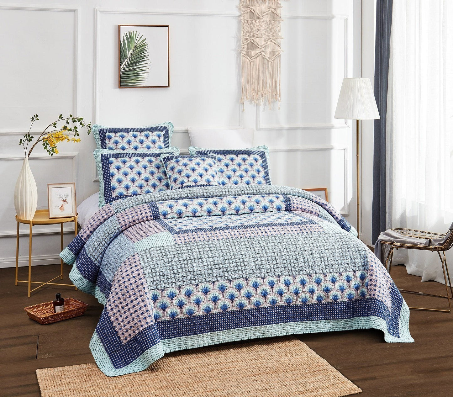 DaDa Bedding Mediterranean Blue Mint Green Patchwork Quilted Bedspread Set (JHW-884)