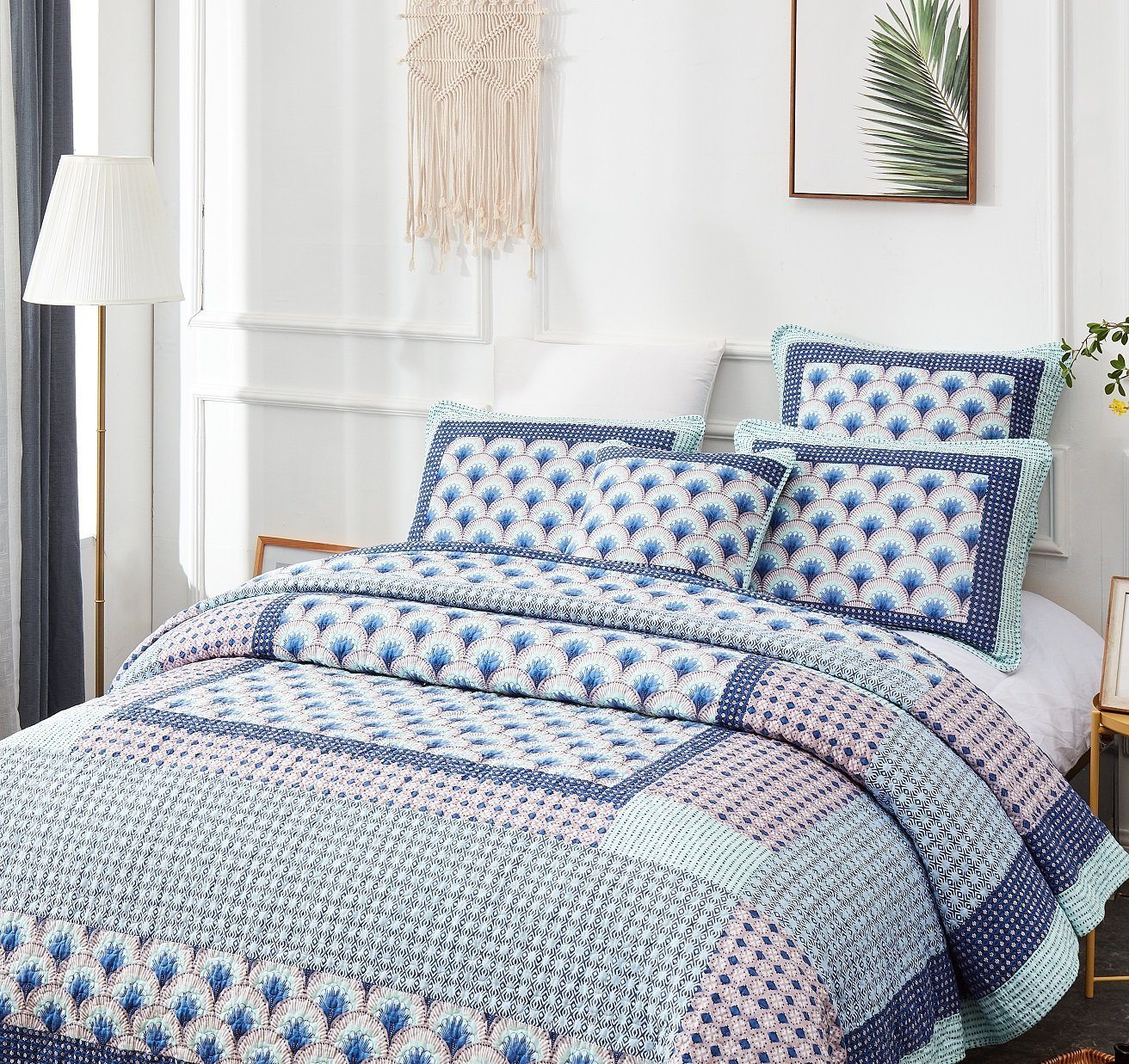 DaDa Bedding Mediterranean Blue Mint Green Patchwork Quilted Bedspread Set (JHW-884)