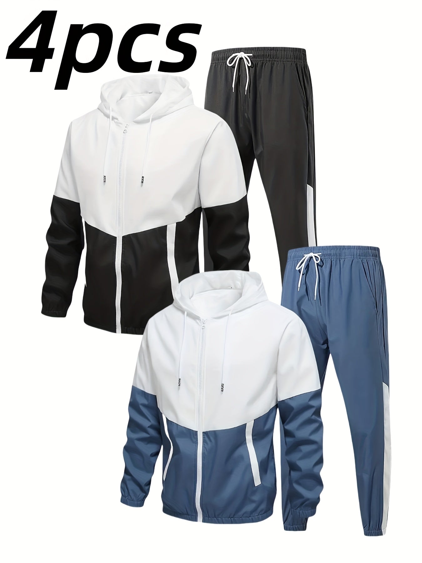 4pcs Set, New Men'S Hooded Casual Sports Suit - Versatile 2pcss Long-sleeved Jacket + 2pcss Breathable And Comfortable Drawstring Stretch Pants, Machine Washable - Ideal For Spring And Autumn, Outdoor, And Travel