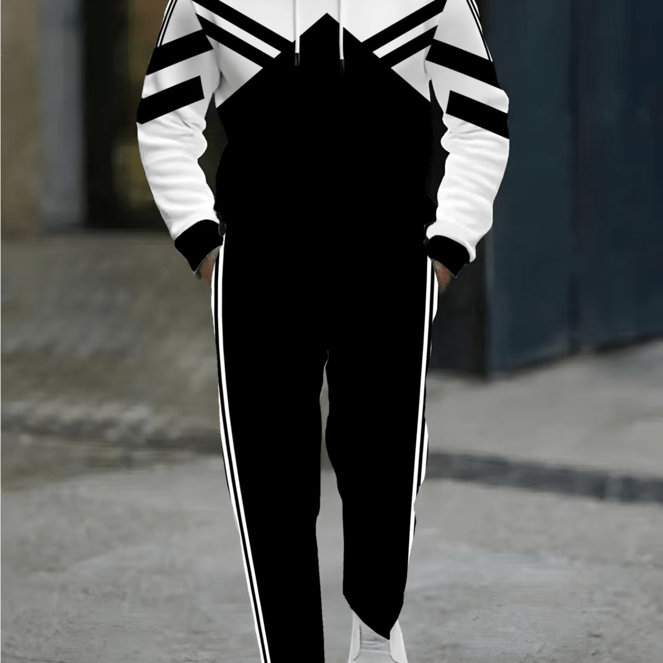 2pcs set, new European and American Men's long-sleeved hooded sweatshirt fashion sports suit, long-sleeved hooded sweatshirt with kangaroo pocket sweatshirt and drawstring trousers casual suit, suitable for any holiday gift