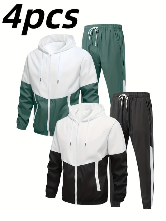 4pcs Set, New Men'S Hooded Casual Sports Suit - Versatile 2pcss Long-sleeved Jacket + 2pcss Breathable And Comfortable Drawstring Stretch Pants, Machine Washable - Ideal For Spring And Autumn, Outdoor, And Travel