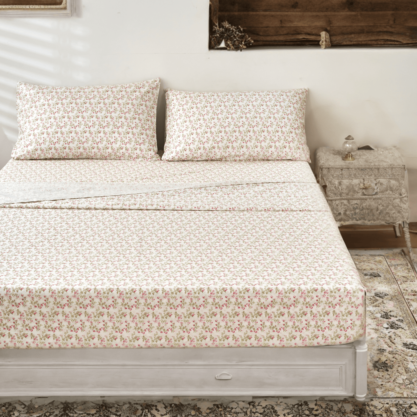 DaDa Bedding Collection Romantic Coquette Sheet Set - 100% Cotton [ Poplin Cotton ] Floral Fitted & Flat Sheets with Pillowcases - Deep Pocket Design - Soft, Breathable, Wrinkle-Resistant