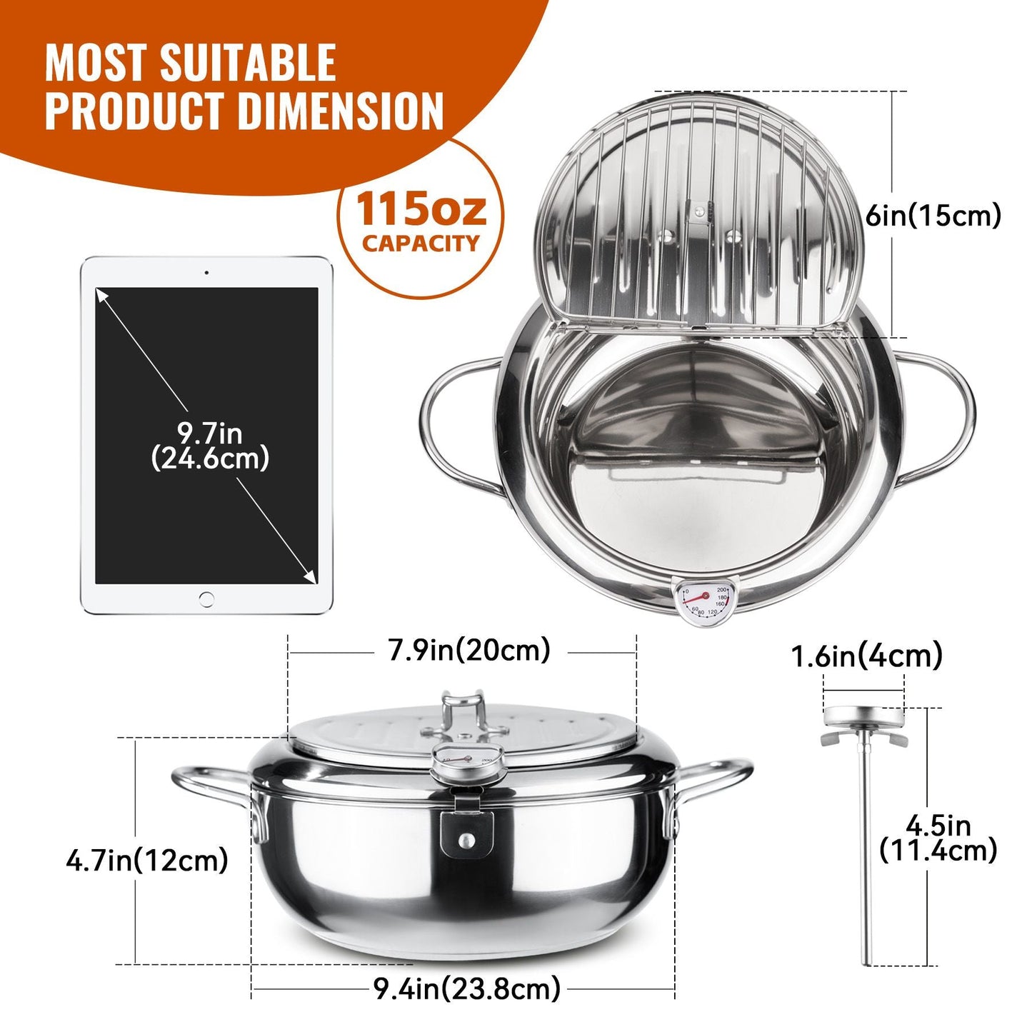 Silver Stainless Steel Deep Fryer with Built-in Dial Thermometer-9.5 inch