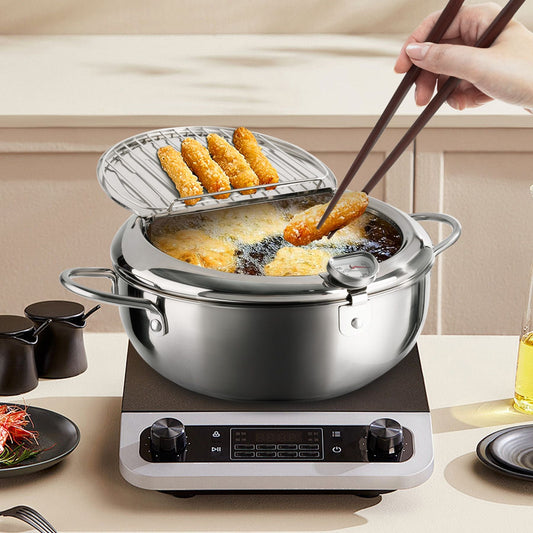 Silver Stainless Steel Deep Fryer with Built-in Dial Thermometer-9.5 inch