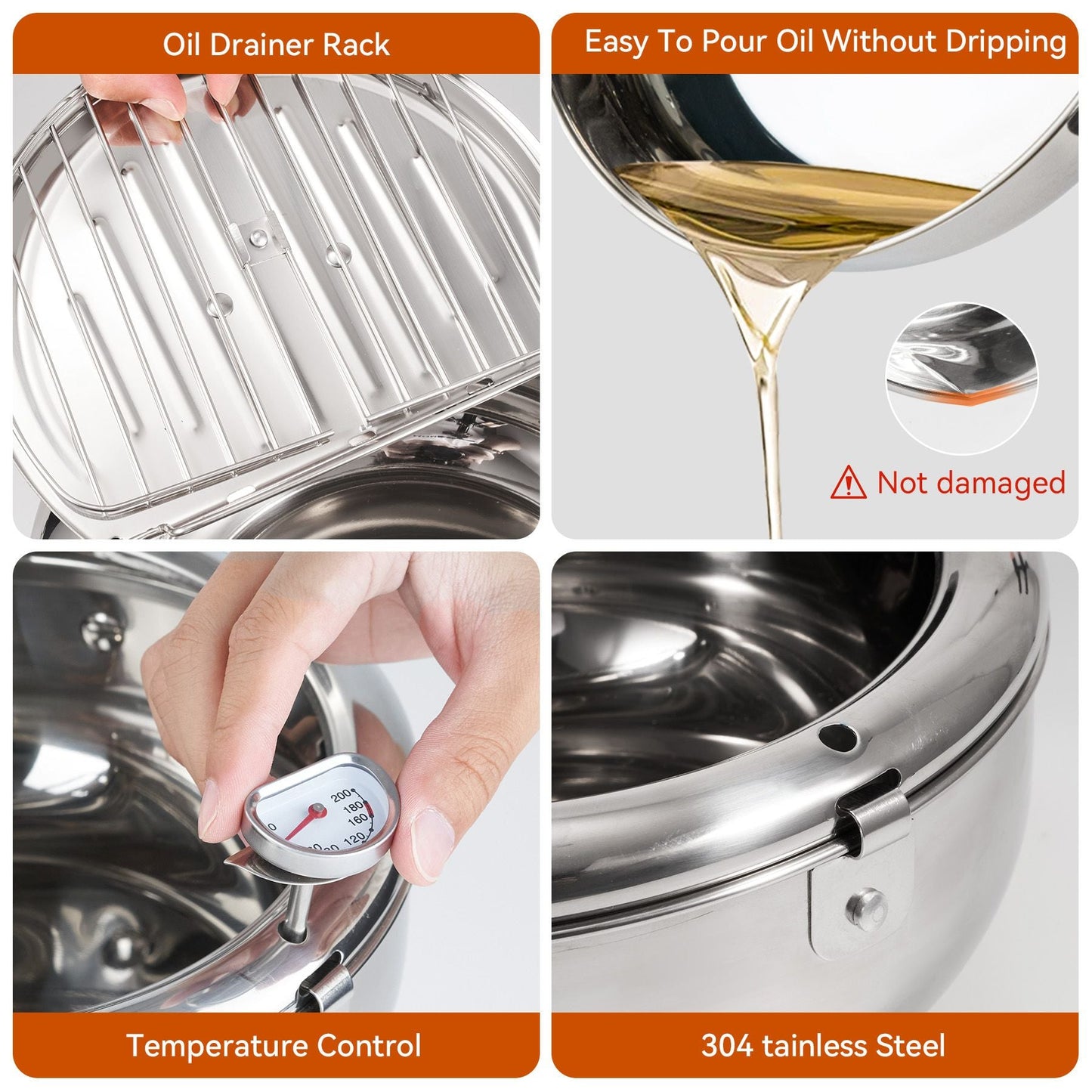 Silver Stainless Steel Deep Fryer with Built-in Dial Thermometer-9.5 inch